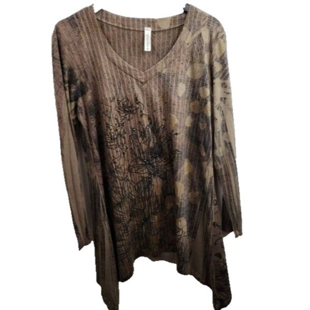 California Bloom Womens Tunic Top‎ Medium Brown Floral Studded Sharkbite Artsy